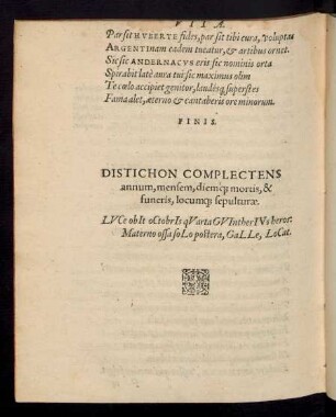 Distichon Complectens annum, mensem, diemque mortis ... sepulturae.