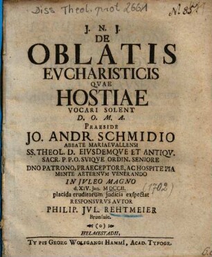 De Oblatis Evcharisticis Qvae Hostiae Vocari Solent