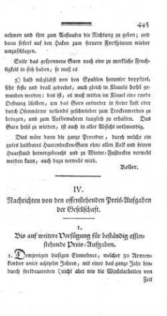 IV. Nachrichten von den offenstehenden Preis-Aufgaben der Gesellschaft.