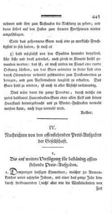 IV. Nachrichten von den offenstehenden Preis-Aufgaben der Gesellschaft.