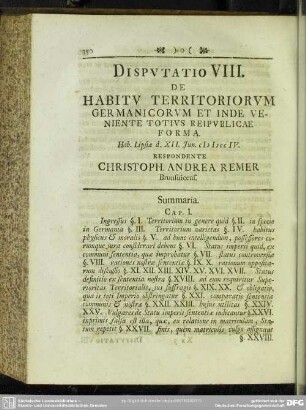 Disputatio VIII. De Habitu Territoriorum Germanicorum Et Inde Veniente Totius Reipublicae Forma