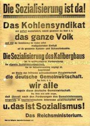 Flugblatt der Reichsregierung zur Bekanntgabe der Sozialisierung des Kohlesyndikats
