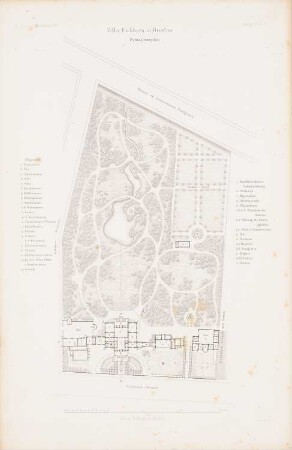 Villa Eichborn, Breslau: Lageplan (aus: Atlas zur Zeitschrift für Bauwesen, hrsg. v. G. Erbkam, Jg. 7, 1857)