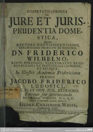Dissertatio Iuridica De Iure Et Iurisprudentia Domestica
