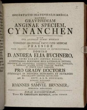 Dissertatio Inavgvralis Medica Sistens Gravissimam Anginae Speciem, Cynanchen