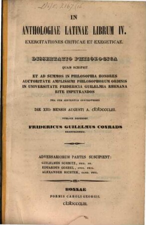 In Anthologiae Latinae librum IV. exercitationes crit. et exegeticae : Diss. philol.