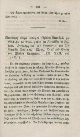 721-726 [Rezension] Sammlung einiger wichtigen offiziellen Aktenstücke zur Geschichte der Emancipation der Katholiken in England