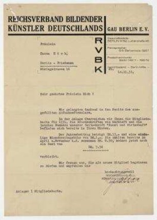 Brief des Reichsverbands Bildender Künstler Deutschlands Gau Berlin e. V. an Hannah Höch