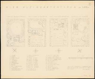 Vier Kleingartentypen von je 400 qm: 4 Kleingärten und Bepflanzungsplan: Grundriss 1:100
