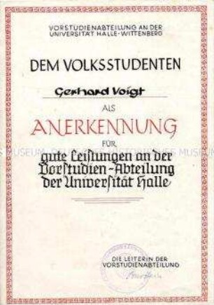 Urkunde "für gute Leistungen" für einen "Volksstudenten"