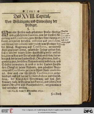 Das XVIII. Capitul: Von Bestätigung und Einweisung der Prediger