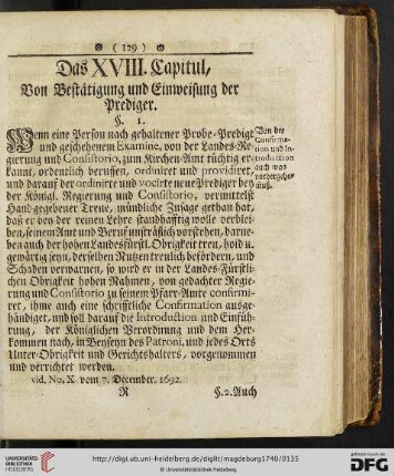 Das XVIII. Capitul: Von Bestätigung und Einweisung der Prediger