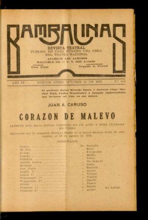 Corazón de malevo : sainete de bajo fondo porteño en un acto y tres cuadros