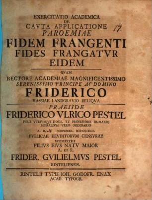 Exercitatio acad. de cauta applicatione paroemiae: Fidem frangenti fides frangatur eidem