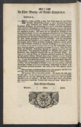 An Chur-Mayntz / als Reichs-Cantzlern [et]c.