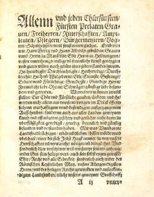 Vnser Hans Geoergen vnnd Hansen Albrechts gebrueder Grauen vnnd Herren zu Mansfeldt ... Warhafftige vnnd bestendige verlegung des von Jobst Hagken wider vns vnwarhafftigen vngegruendten vnd Ehrnruerige[n] außgegangne schmach vnnd Lesterdruecks