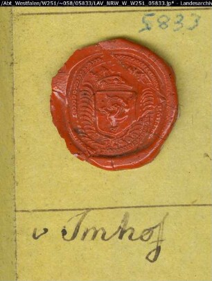 Siegler: Imhoff (Imhof) Überlieferungsart: Stoff: Lack Farbe: rot Form: oval. Durchmesser: 21 mm Art: Typ: Umschrift: