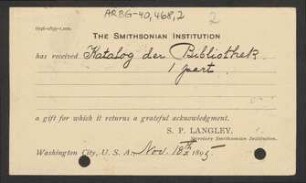 Brief von Samuel P. Langley von Smithsonian Institution (Washington) an Regensburgische Botanische Gesellschaft