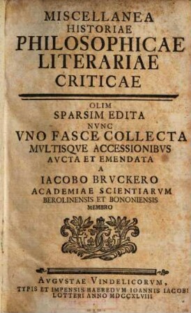 Miscellanea Historiae Philosophicae Literariae Criticae
