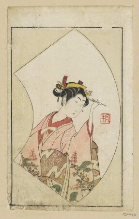 Schauspieler Suketakaya Takasuke II in einer Frauenrolle, aus: Kubota Beisai "Ehon butai ogi" (Schauspielerbilder in Fächerform), 1770