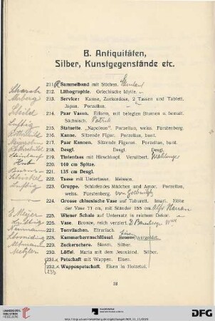B. Antiquitäten, Silber, Kunstgegenstände etc. (Nr. 211-580)