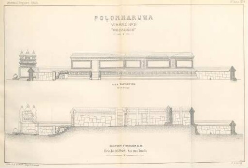 Plate IVB. Polonnaruwa. Viháré No 3. "Hetadágé" Side elevation. ... Secvtion through A. B.