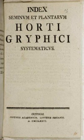 Index Seminum Et Plantarum Horti Gryphici Systematicus