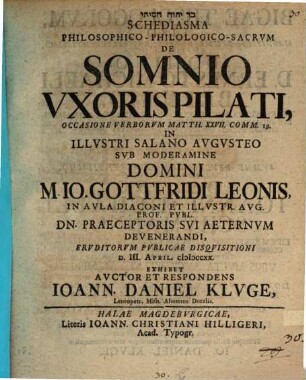 Schediasma ... de somnio uxoris Pilati