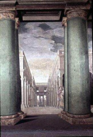 Illusionistische Architekturkulisse, an die Uffizien in Florenz angelehnt, mit Staffagefiguren