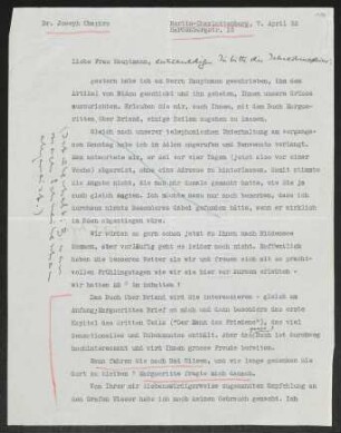 Brief von Joseph Chapiro an Margarete Hauptmann