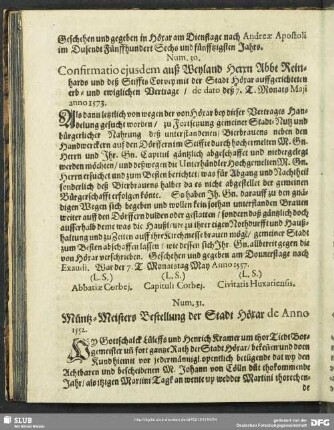 Num. 31. Müntz-Meisters Bestellung der Stadt Höxar de Anno 1552