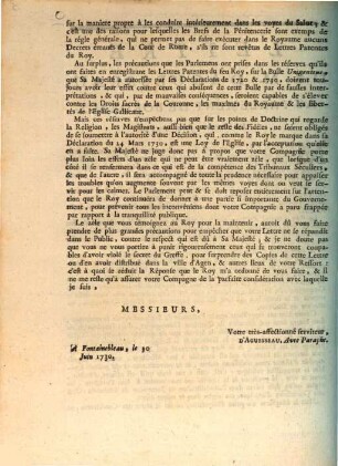 Lettre De M. D'Aguesseau, Au Parlement De Bordeaux : Du trente Juin 1730.