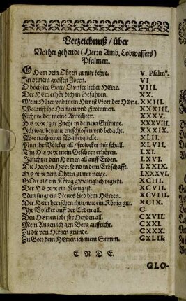 Verzeichnuß / über Vorher gehende [...] Psalmen.