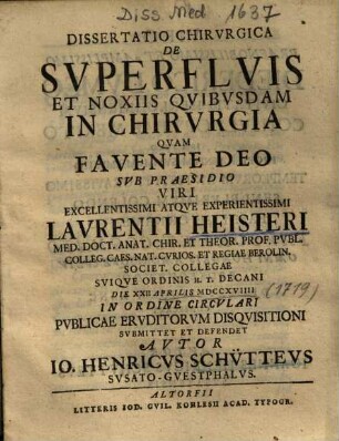 Dissertatio Chirvrgica De Svperflvis Et Noxiis Qvibvsdam In Chirvrgia