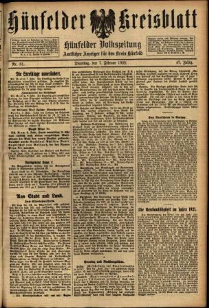Ausgabe vom Dienstag, den 07. Februar 1922.