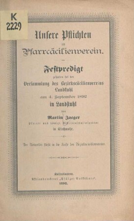 Unsere Pflichten im Pfarrcäcilienverein : Festpredigt