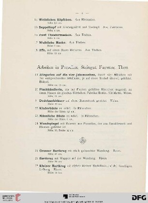 Arbeiten in Porzellan, Steingut, Fayence, Thon (Nr. 19-60)