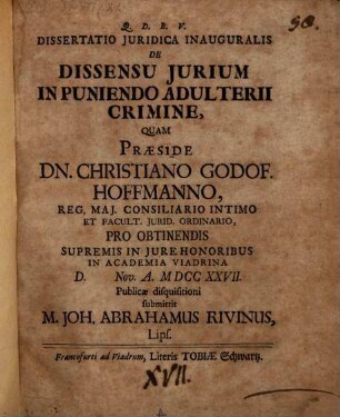 Diss. ... inaug. de dissensu iurium in puniendo adulterii crimine