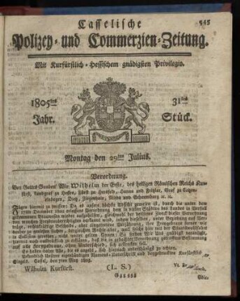 31tes Stueck, Montag den 29ten Julius 1805