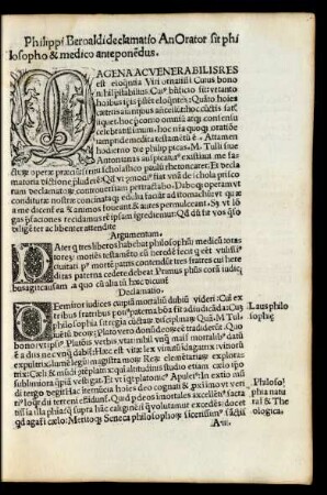 Philippi Beroaldi declamatio An Orator sit philosopho & medico anteponendus.