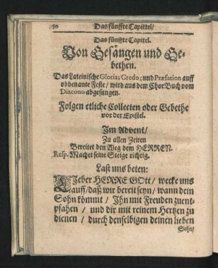 Das fünffte Capitel. Von Gesängen und Gebethen.