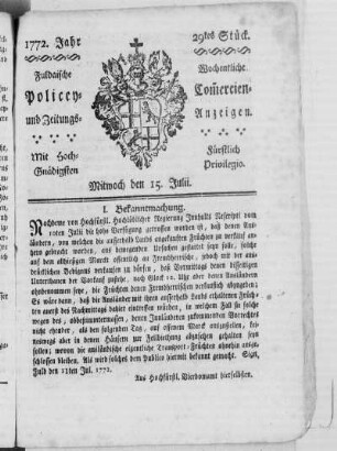 29tes Stück, Ausgabe vom 15. Julii 1772