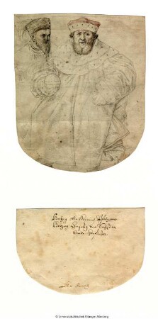 Ottheinrich von der Pfalz, in Vorderansicht sitzend, mit einem Reichsapfel in der Rechten. Links Brustbild des Kurfürsten August von Sachsen