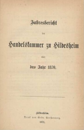 1870: Jahresbericht der Handelskammer zu Hildesheim