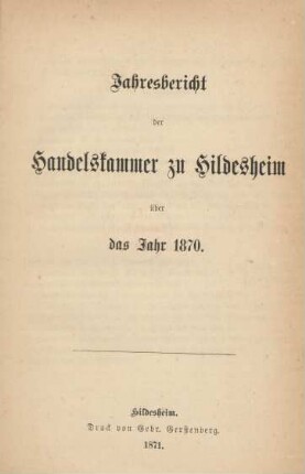 1870: Jahresbericht der Handelskammer zu Hildesheim