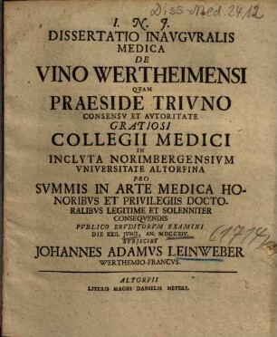 Dissertatio Inavgvralis Medica De Vino Wertheimensi