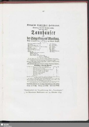 Theaterzettel der Uraufführung des "Tannhäuser" im Dresdener Hoftheater am 19. Oktober 1845