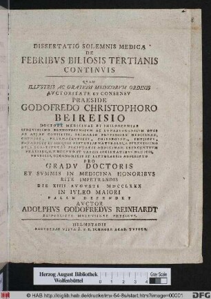 Dissertatio Solemnis Medica De Febribvs Biliosis Tertianis Continvis