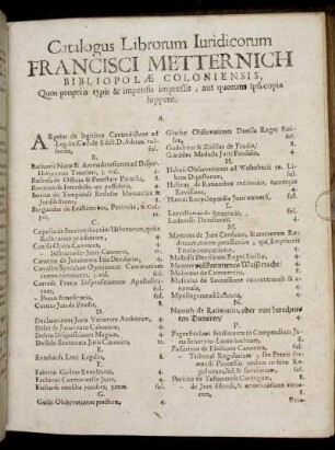 Catalogus Librorum Iuridicorum Francisi Metternich [...]