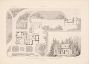 Villa des Herrn Hofmarschall v. St. Paul-Illaire, Fischbach: Grundriss mit Garten, Perspektivische Ansicht Pferdestall (aus: Architektonisches Skizzenbuch, H. 151/4, 1878)